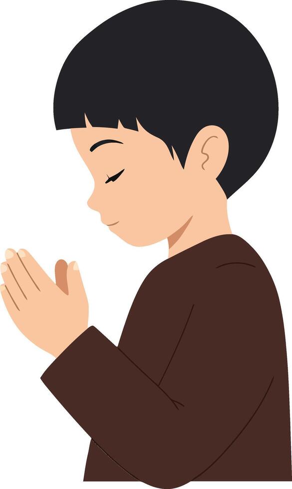Young boy with closed eyes and folded hands in a serene pose, showcasing a minimalistic style in art vector