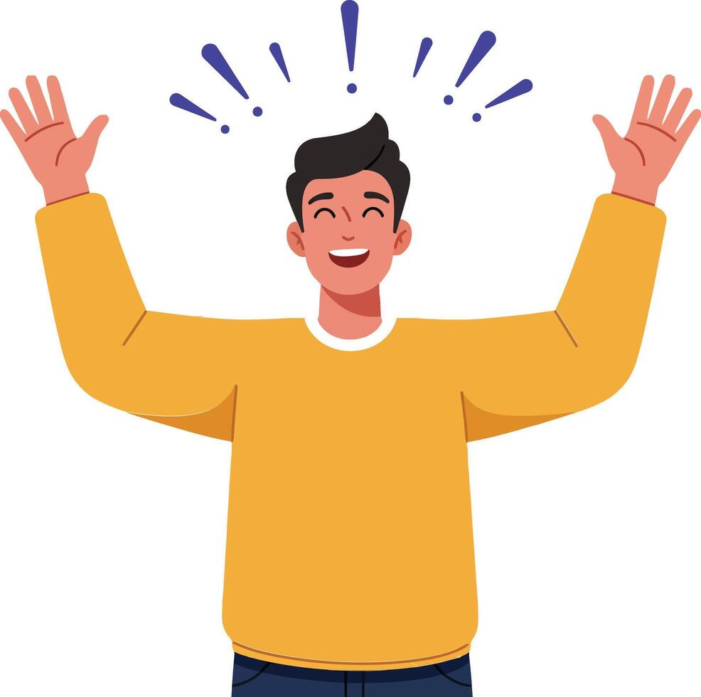 Happy young man celebrating with raised arms in a vibrant yellow sweater in a cheerful flat illustration vector