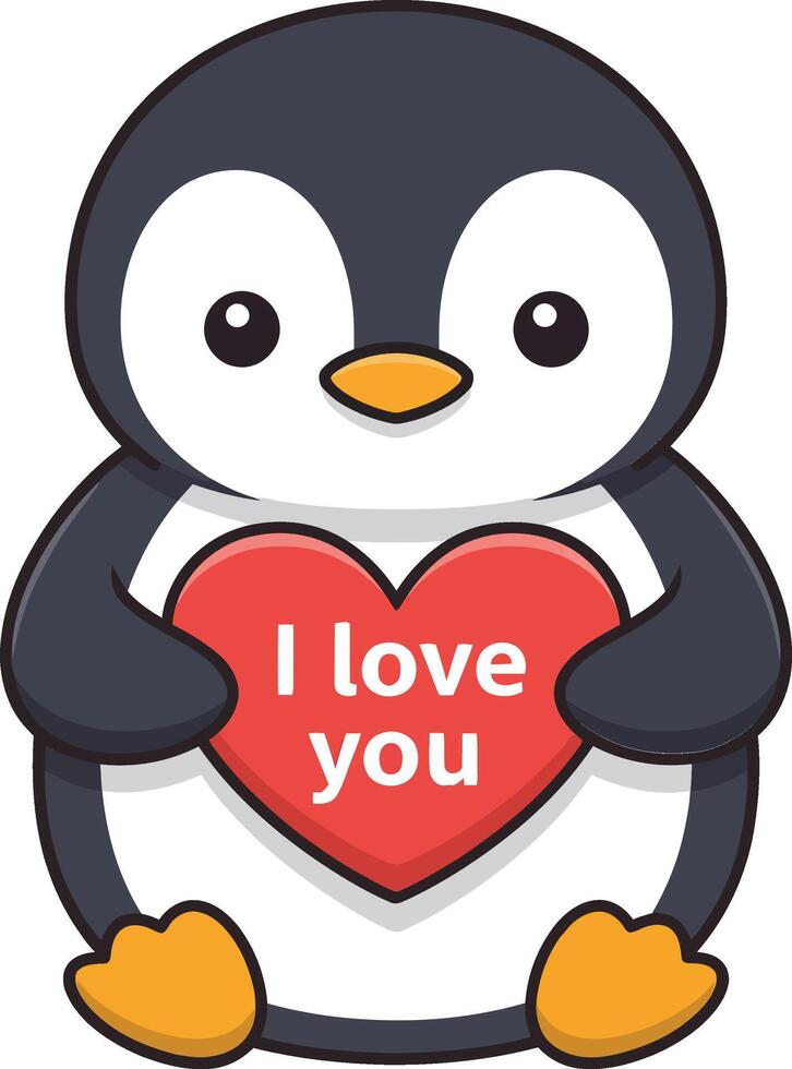 Cute penguin character holding a red heart with the phrase I love you, in a flat, minimal design style, illustration vector