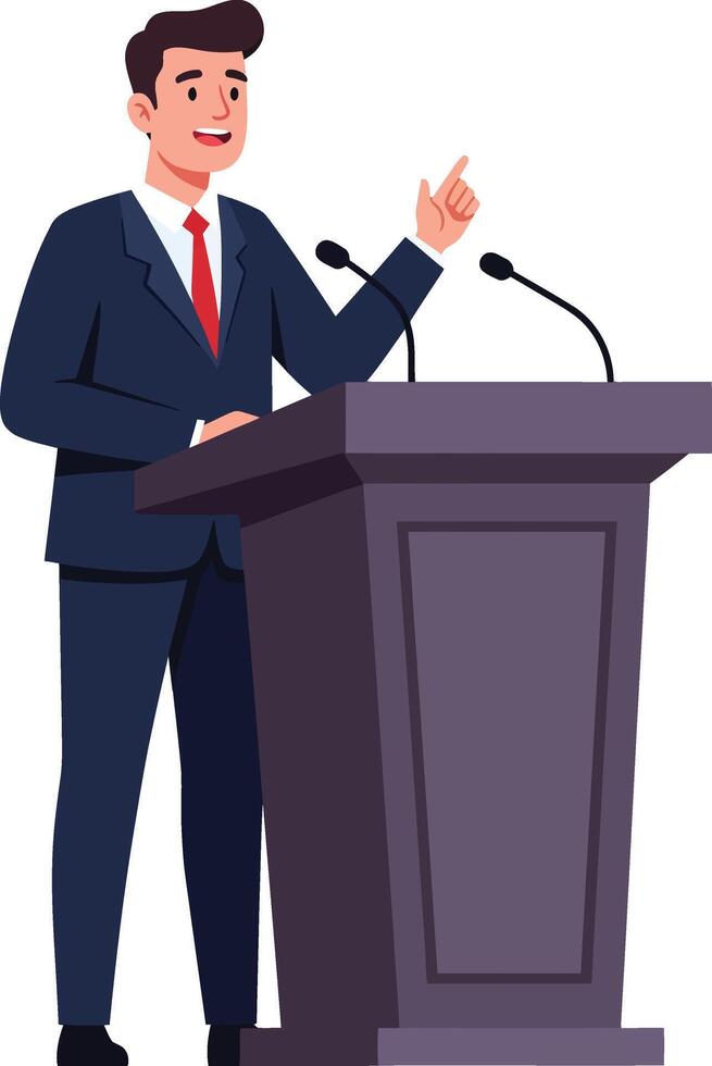 Businessman in a suit confidently delivering a speech at a podium in a detailed illustration showcasing professional communication and motivation art vector