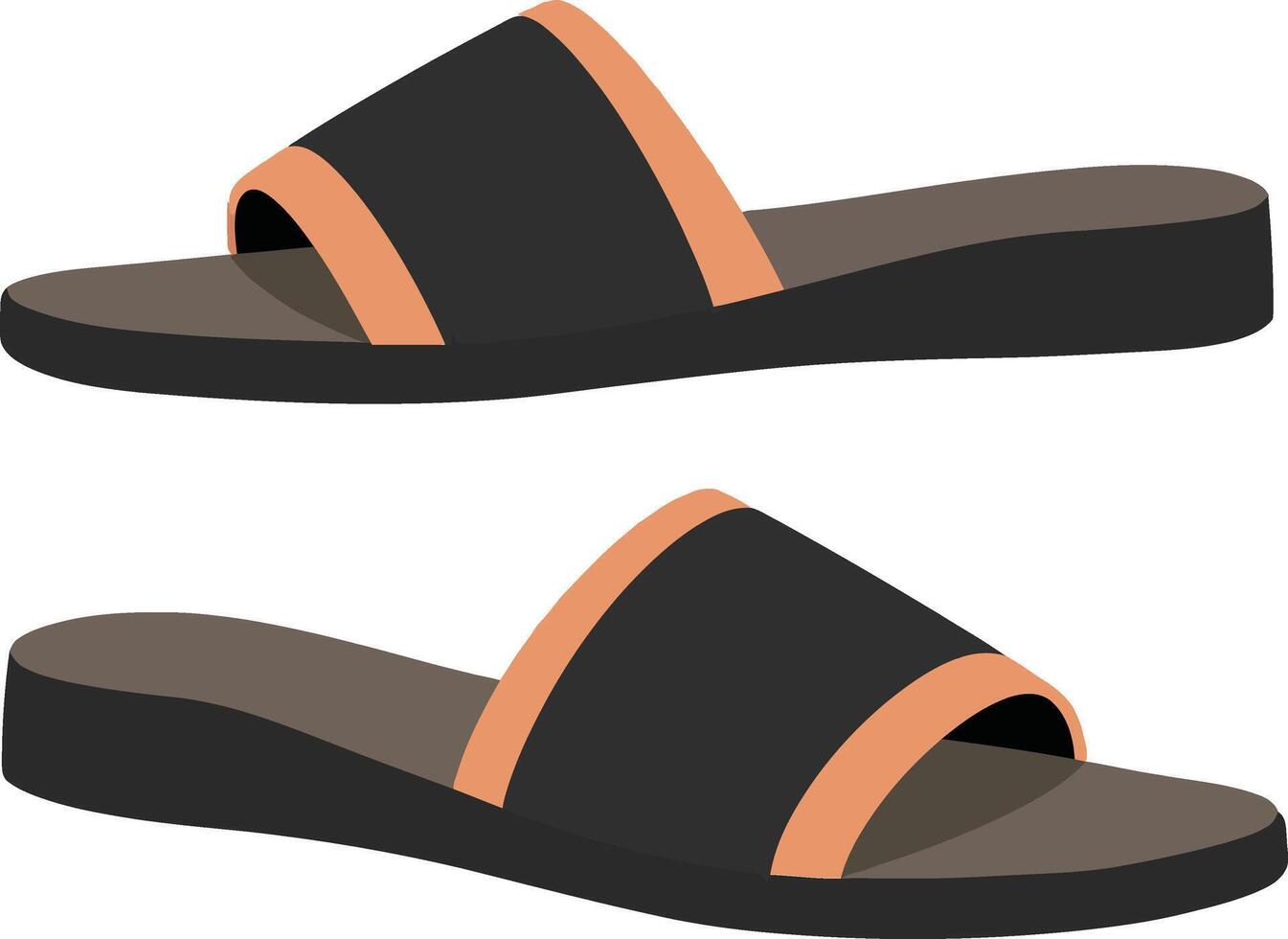 Stylish black and orange summer sandals with minimalistic design and flat soles showcased in a clean, modern illustration vector
