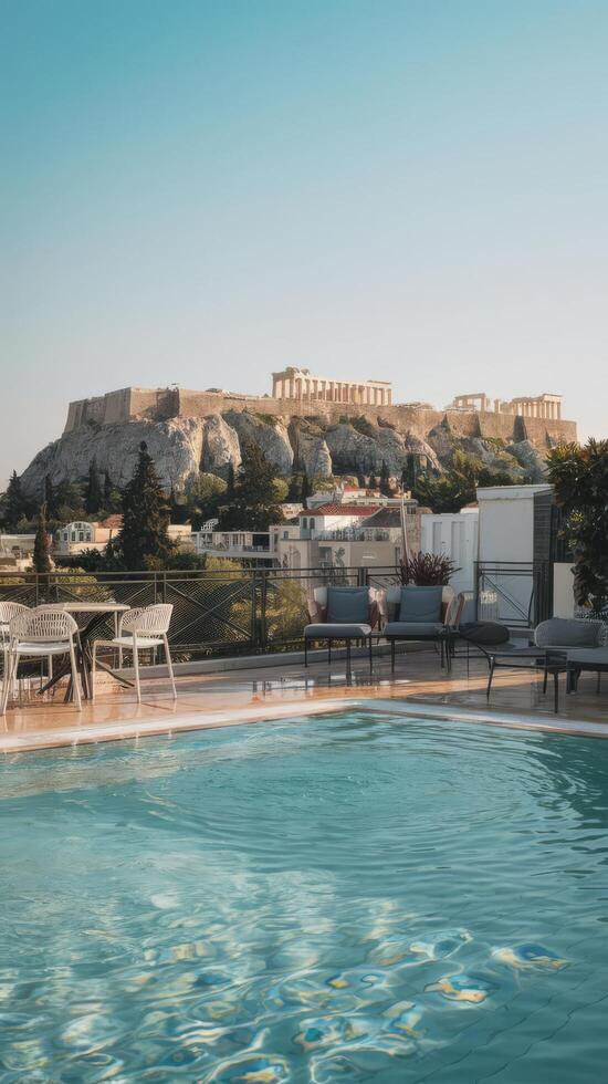The pool at the hotel with the acropolis in the background photo