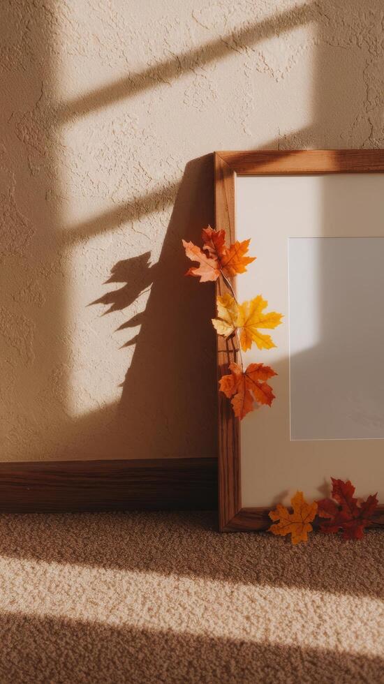 Autumn leaves on a picture frame photo