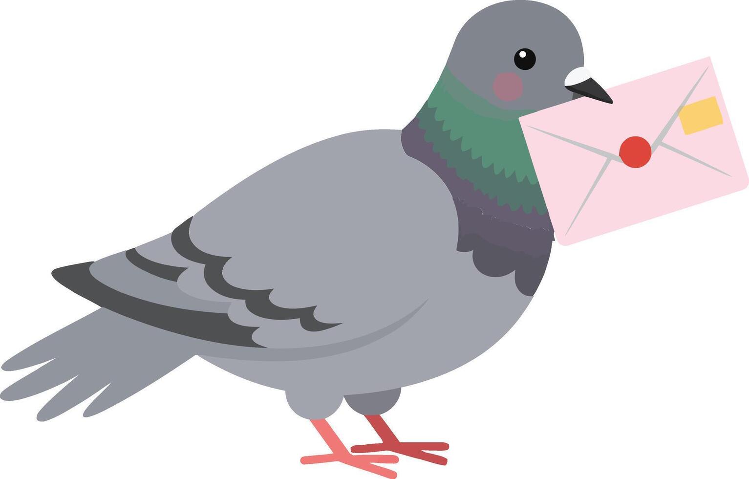 A grey pigeon holding a pink envelope in its beak, illustrated in a flat design style, conveying a whimsical and playful tone in art vector