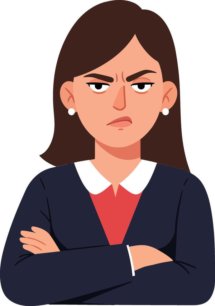 Confident woman with crossed arms displaying a serious expression in flat illustration style, conveying strength and determination in a professional setting art vector