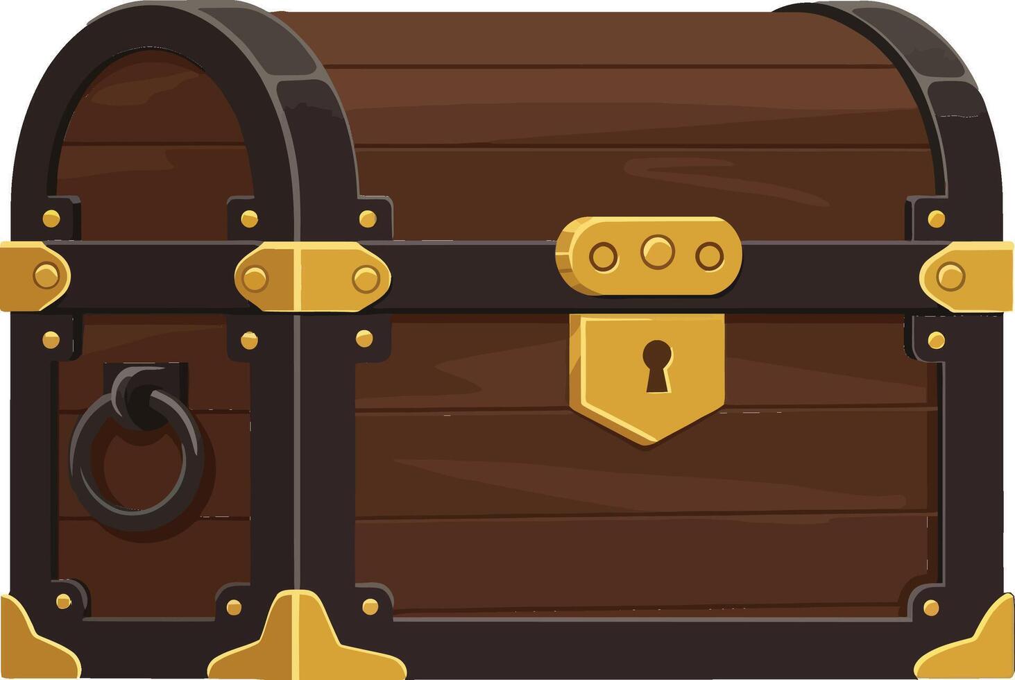 A detailed wooden treasure chest with golden accents and a lock, designed in a flat art style, showcasing adventure and mystery in its appearance vector