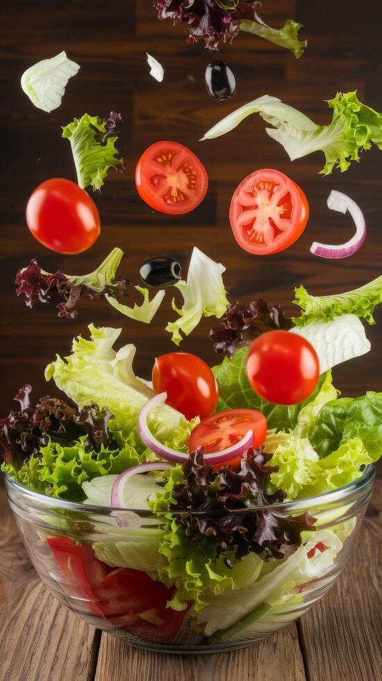 Salad with tomatoes, lettuce and olives falling into a bowl photo
