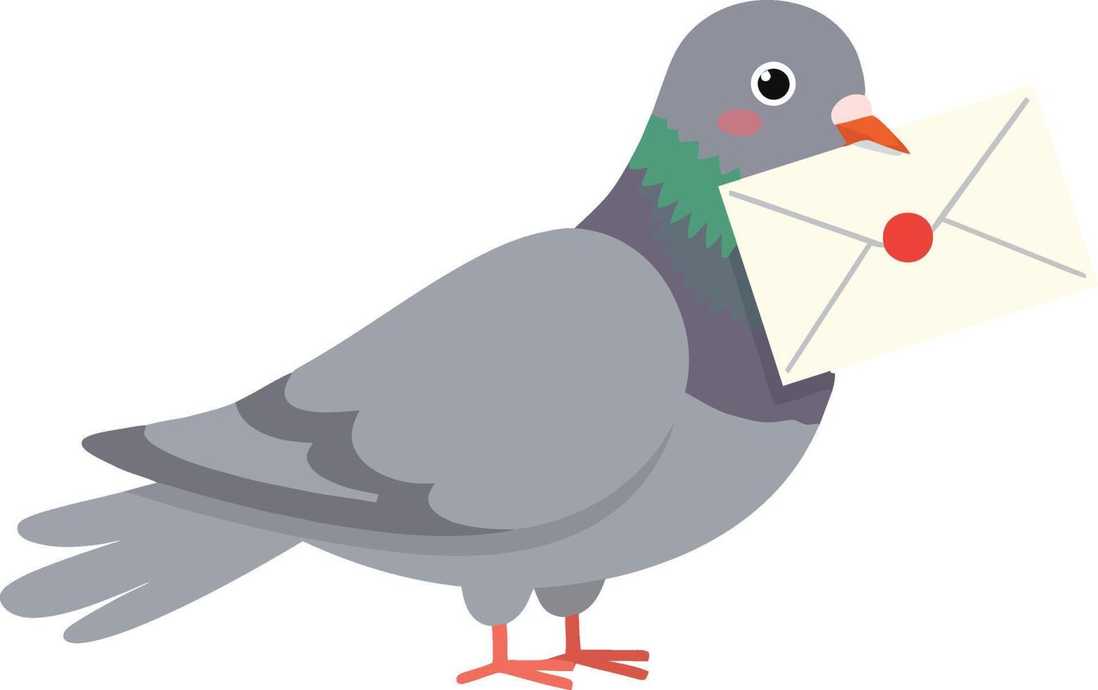 Pigeon carrying a letter in its beak, showcasing flat design style, joyful expression, and whimsical charm in vibrant art vector