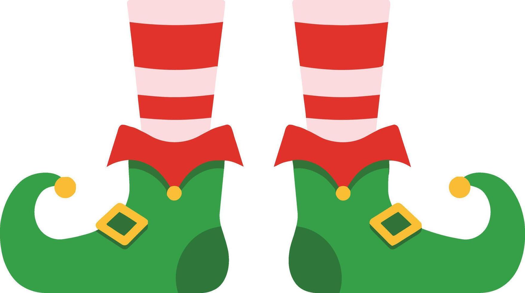 Playful green elf shoes adorned with red and white striped socks in a cheerful flat design style illustration vector