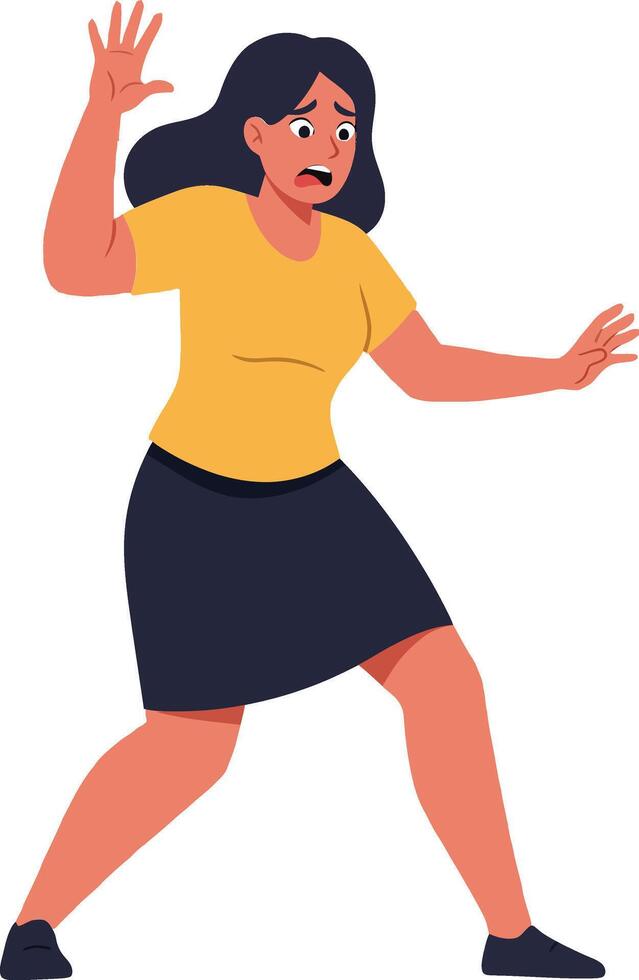A woman in a yellow shirt and black skirt expressing fear while standing in a defensive pose in flat illustration vector