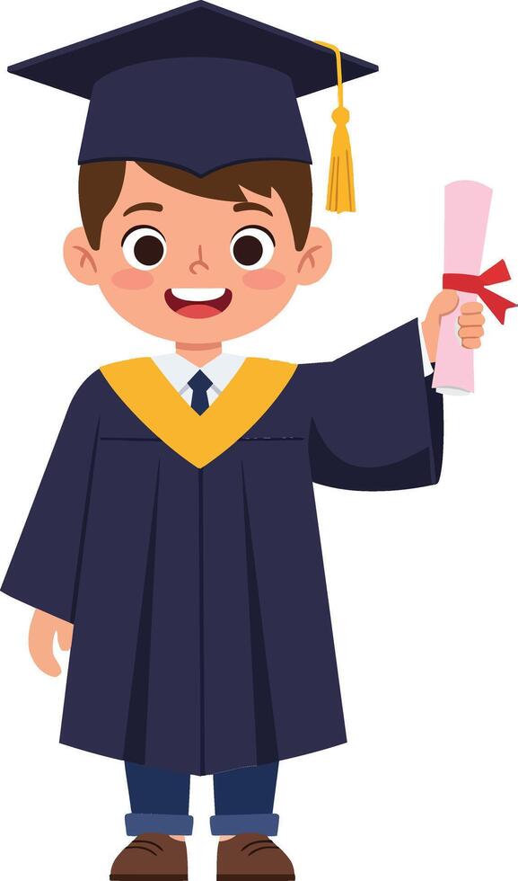 Cheerful young boy in graduation cap and gown holding diploma, minimal style illustration celebrating academic achievement with joy and pride in a bright atmosphere vector