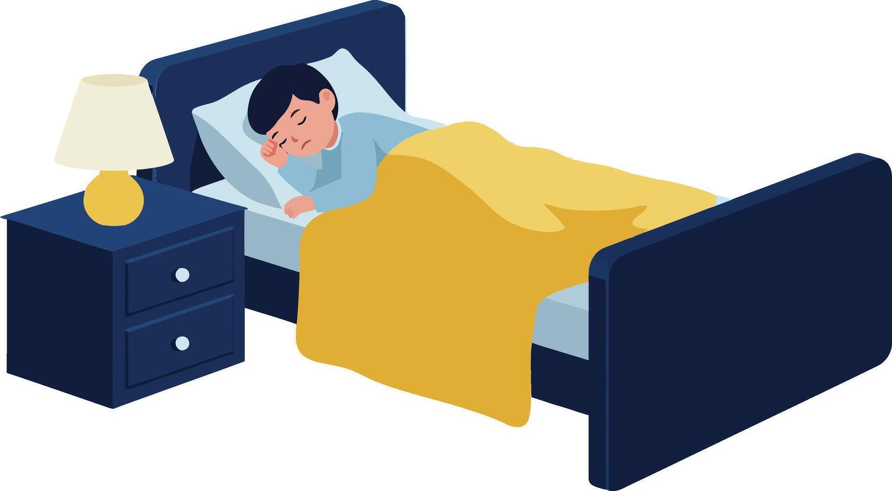 Child peacefully sleeping in a cozy bed with yellow blanket and bedside lamp, flat illustration vector