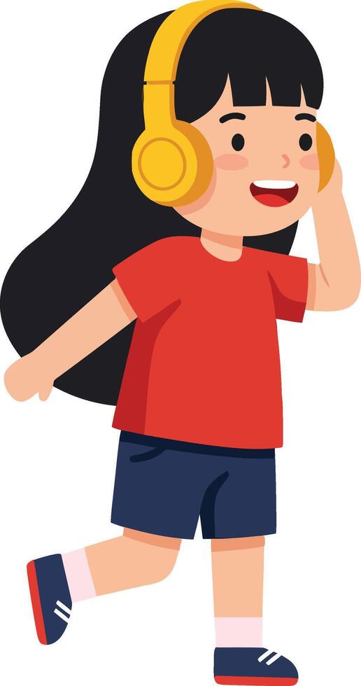 Happy girl with headphones walking joyfully in casual attire, showcasing a flat design style in vibrant colors, illustration vector