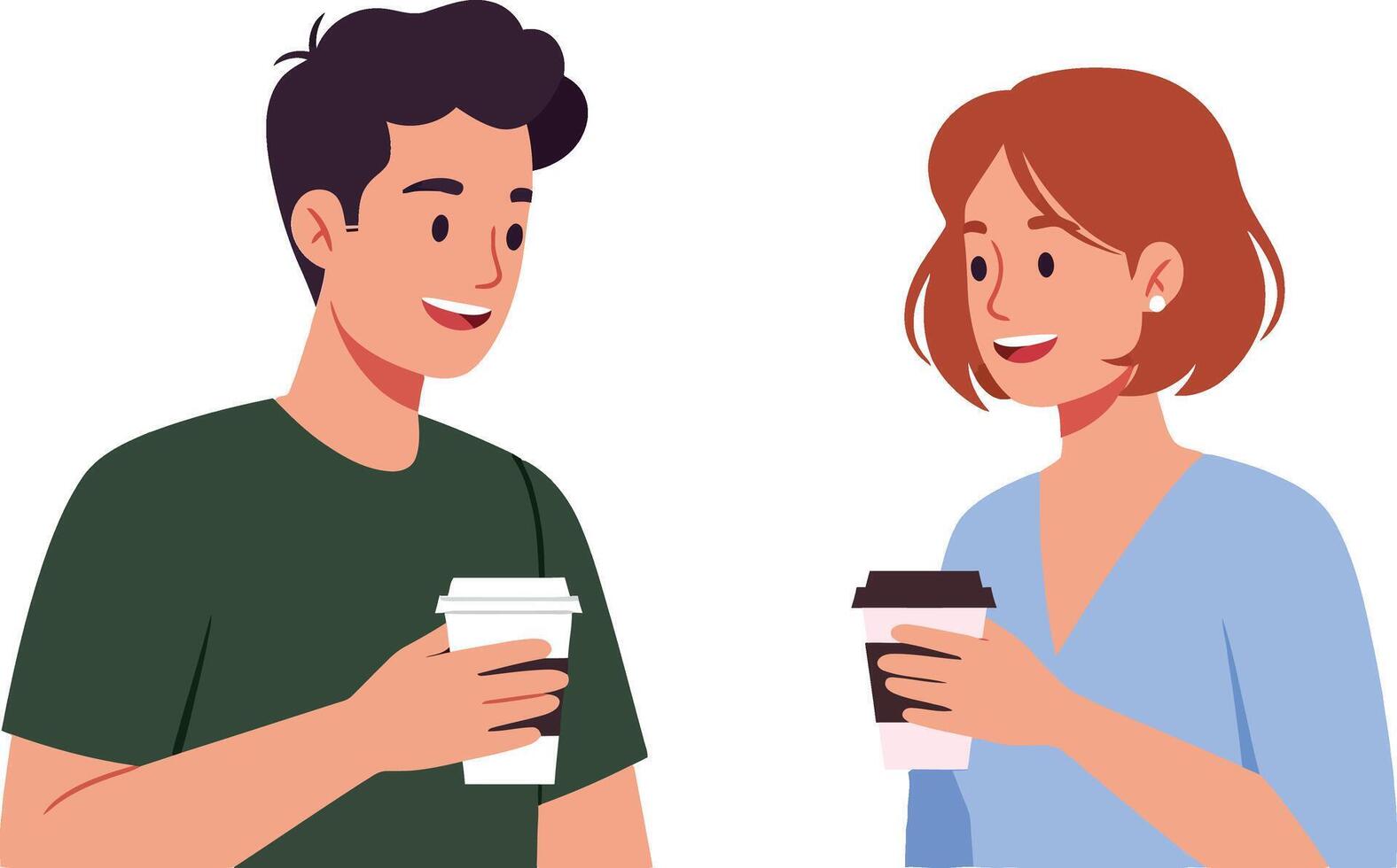 Two young adults enjoying coffee together in a friendly conversation, flat design illustration vector