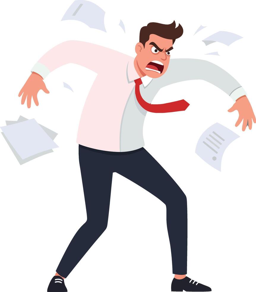 Angry businessman in a white shirt and red tie expressing frustration with flying papers in a flat illustration vector