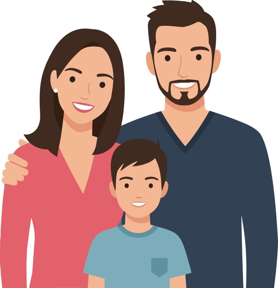 Family portrait featuring a smiling father, mother, and son in minimalistic style, exuding warmth and happiness, depicted as illustration vector
