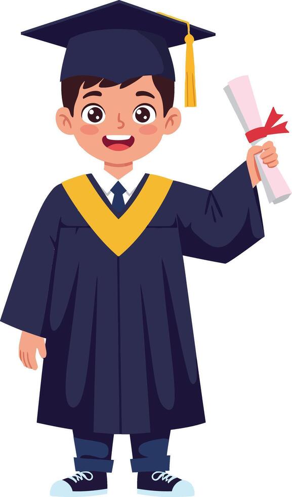 Cheerful young boy in a graduation cap and gown holding a diploma, flat illustration celebrating achievement and joy, art vector