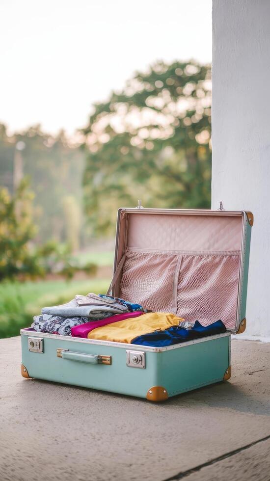 An open suitcase with clothes inside photo