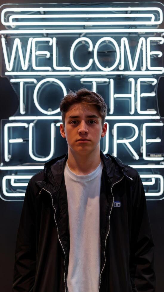 A young man standing in front of a neon sign that says welcome to the future photo