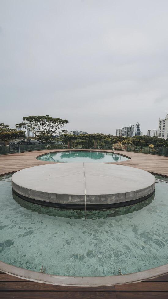 A pool with a circular shape in the middle of a wooden deck photo