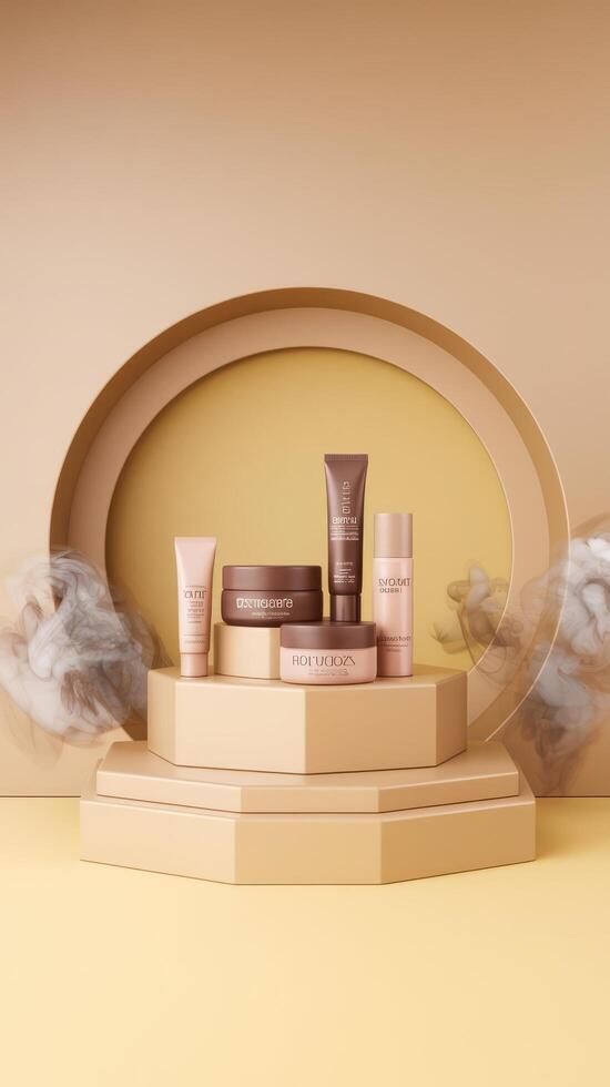 3d background products display podium scene with geometric platform and smoke nude yellow background rendering podium stand to show cosmetic products stage showcase on pedestal display beige studio photo