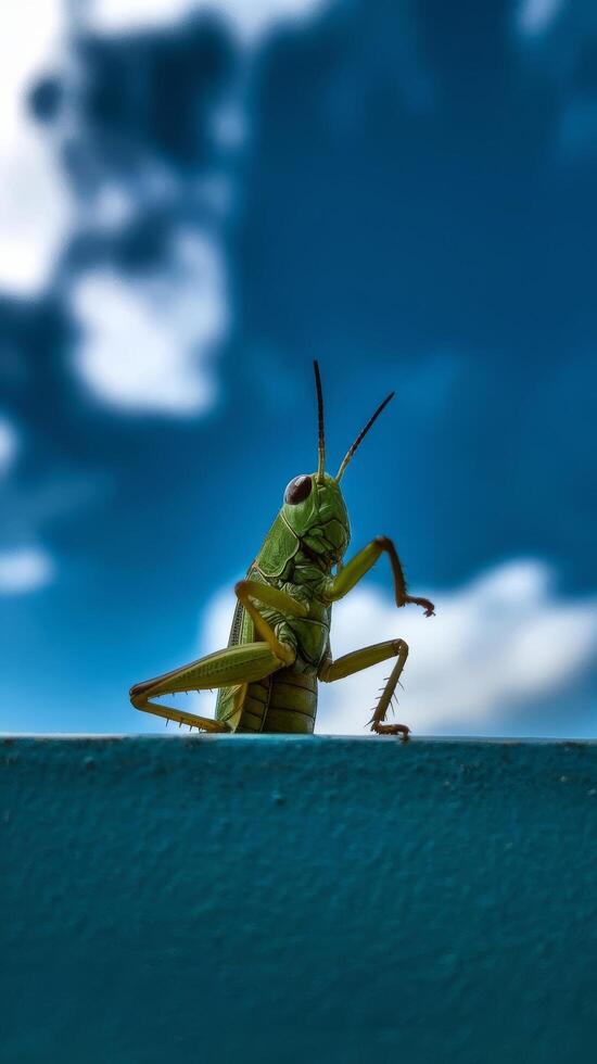 A grasshopper on a blue wall with a cloudy sky photo