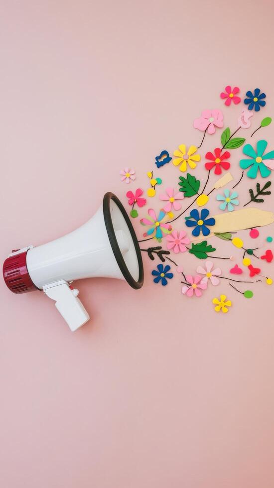 Megaphone with colorful flowers and leaves coming out of it agnst pastel pink background photo