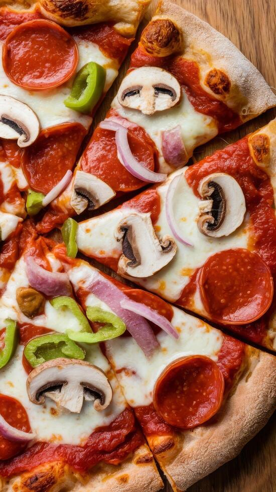 A pizza with pepperoni, mushrooms, onions and peppers photo