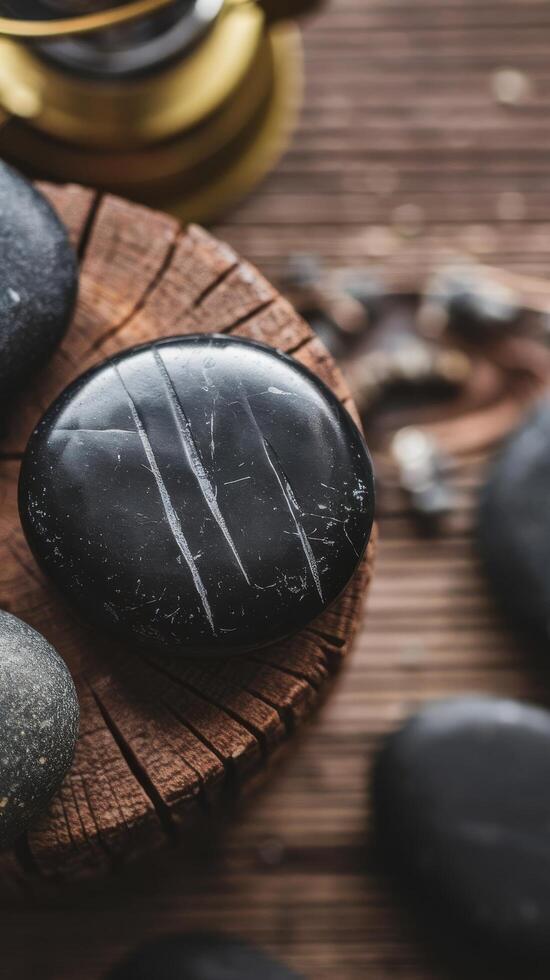 Black stones on a wooden table with a gold cup photo
