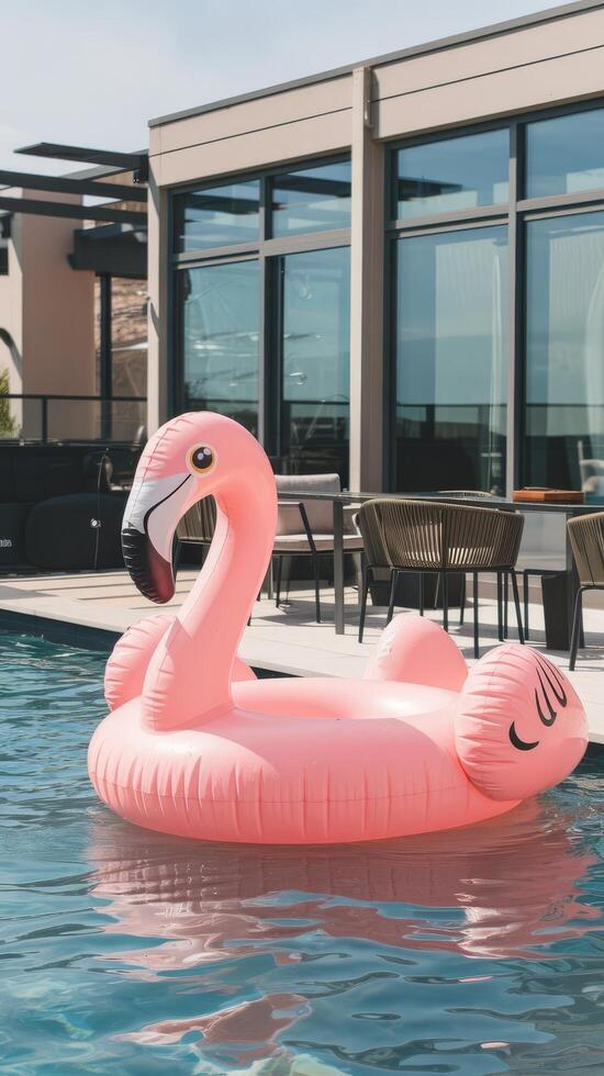 An inflatable flamingo floating in a pool photo