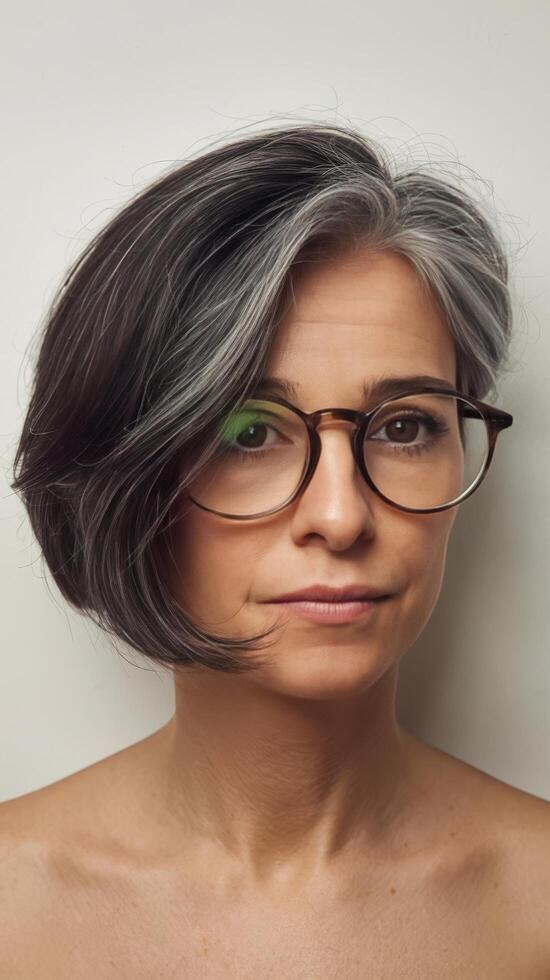 A woman with glasses and a no shirt photo