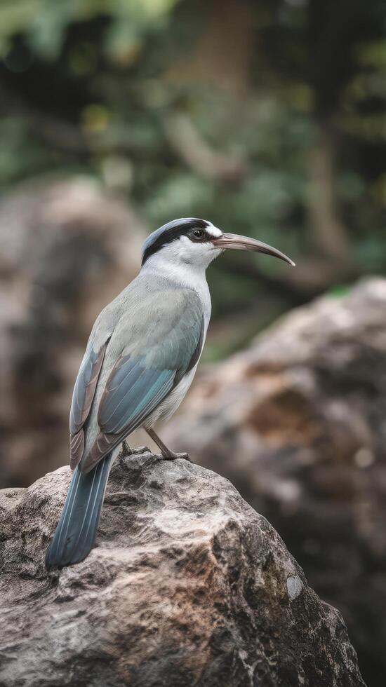 A bird with a long beak sitting on a rock photo