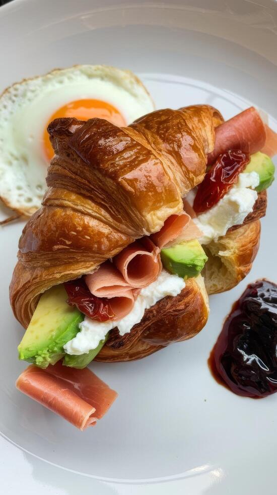 A croissant with ham, avocado and egg on it photo