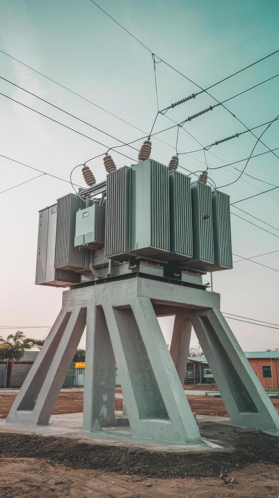 Electricity large high voltage transformer it is installed on strong concrete poles to supply electricity to the buildings for the community with the background of the sky photo