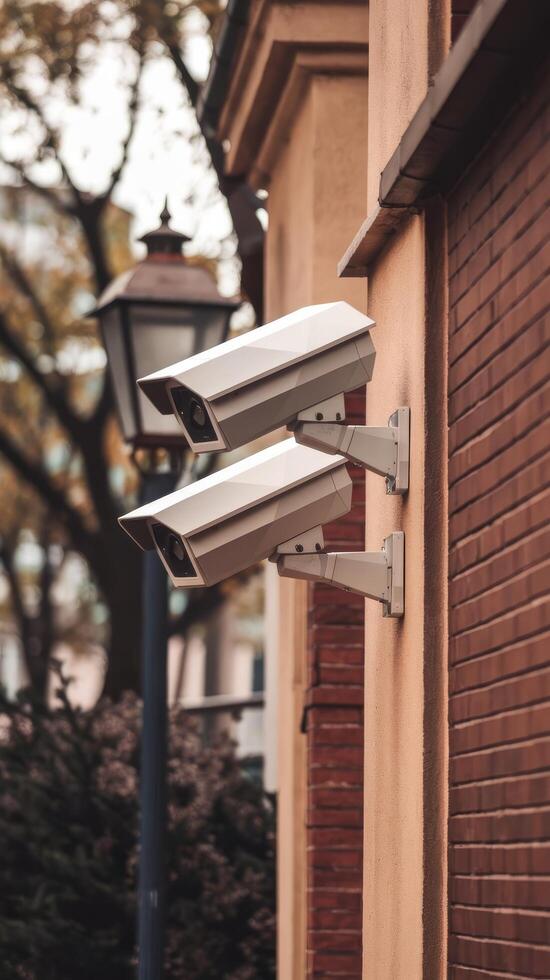 Two security cameras mounted on a brick wall photo