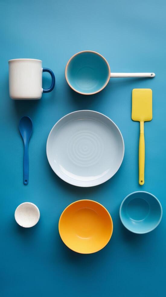 Colorful plates, spoons and utensils on a blue background photo