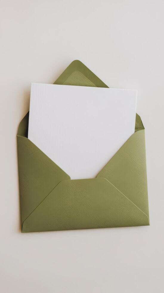 An open green envelope with a blank card inside photo