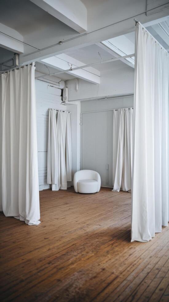 A room with white curtains and a white couch photo