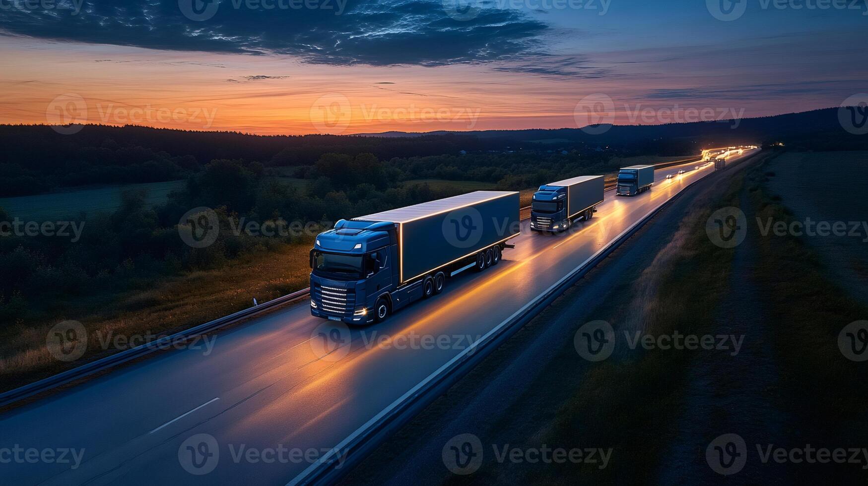 Trucks transporting cargo on highway at sunset photo