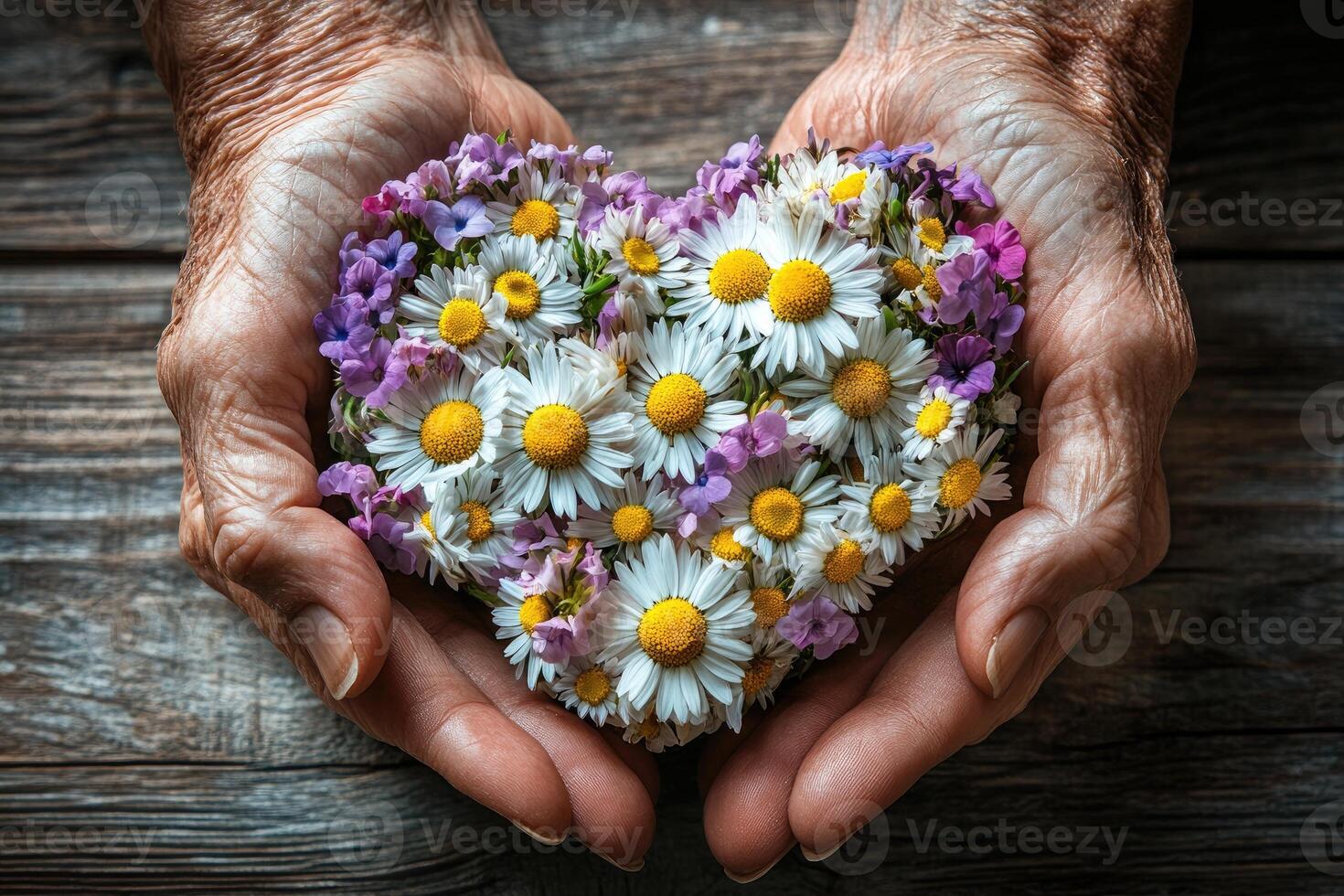Senior woman holding heart shaped bouquet of daisies and purple flowers photo