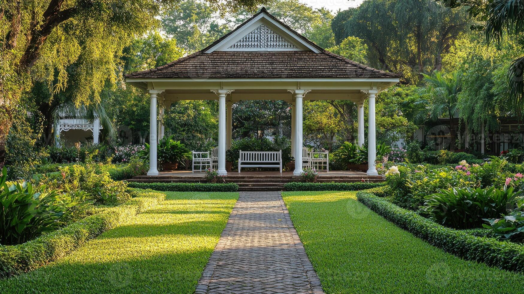 Beautiful garden pavilion with brick walkway leading to relaxing benches photo