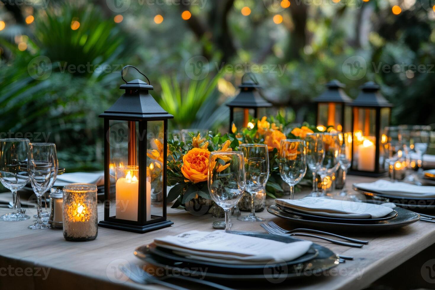Elegant table setting with lanterns and flowers creating a romantic ambiance photo