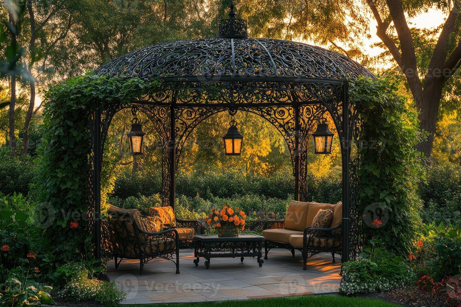 Ornate gazebo illuminating tranquil garden scene at sunset photo