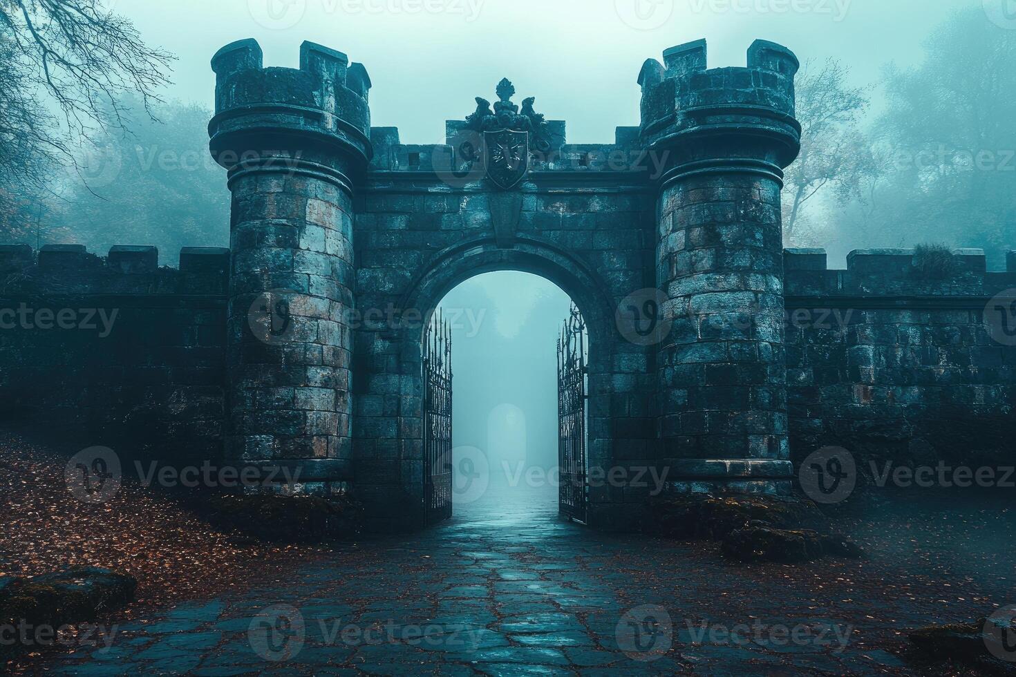 Fog entering creepy stone castle gate with two towers photo