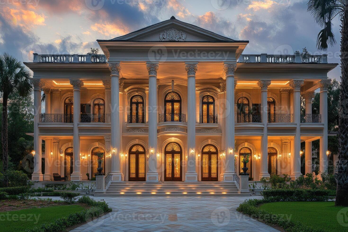 Luxurious white mansion with illuminated columns at dusk photo