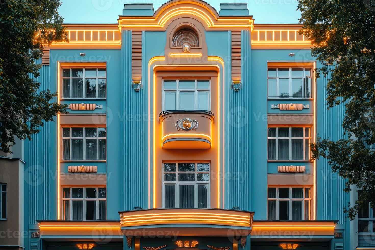 Elegant art deco building with orange neon lights illuminating the facade at dusk photo