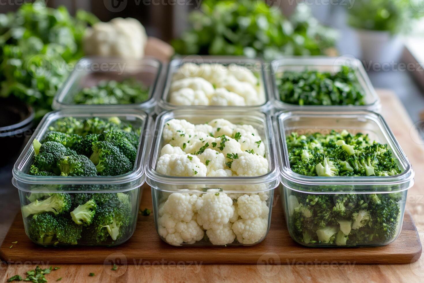 Freshly chopped broccoli and cauliflower in containers photo