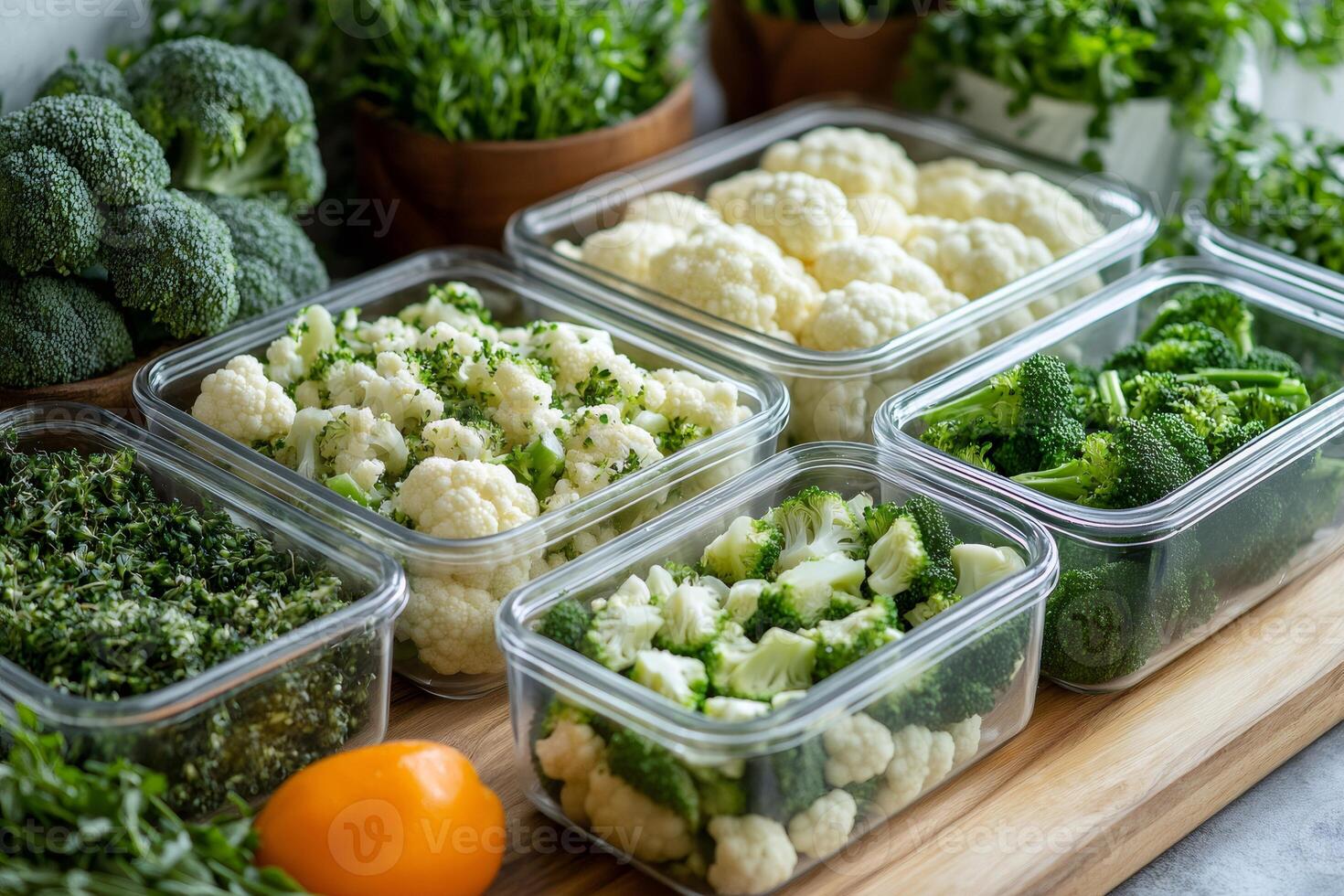 Freshly prepared vegetables in storage containers photo