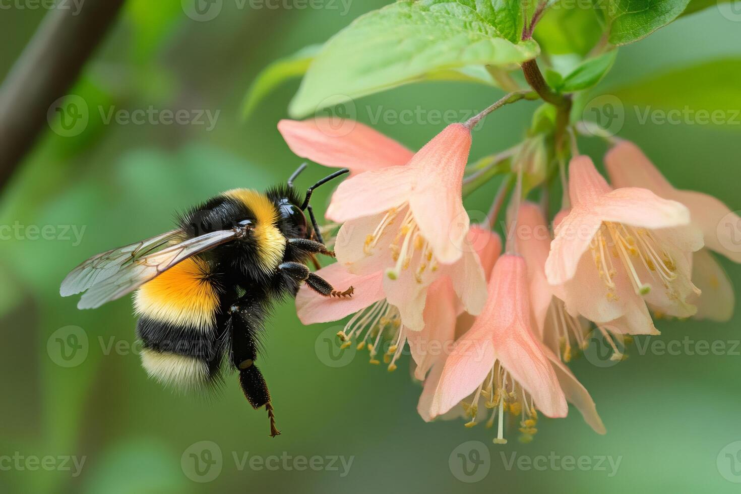 Bumblebee pollinating delicate pink flowers in springtime photo