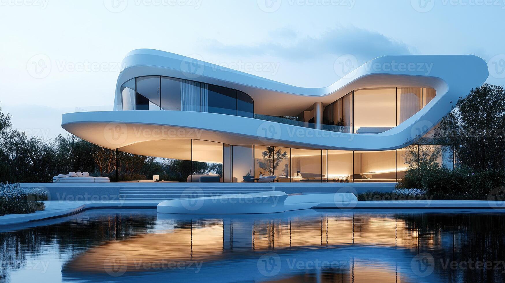Futuristic white luxury villa reflecting in swimming pool at dusk photo